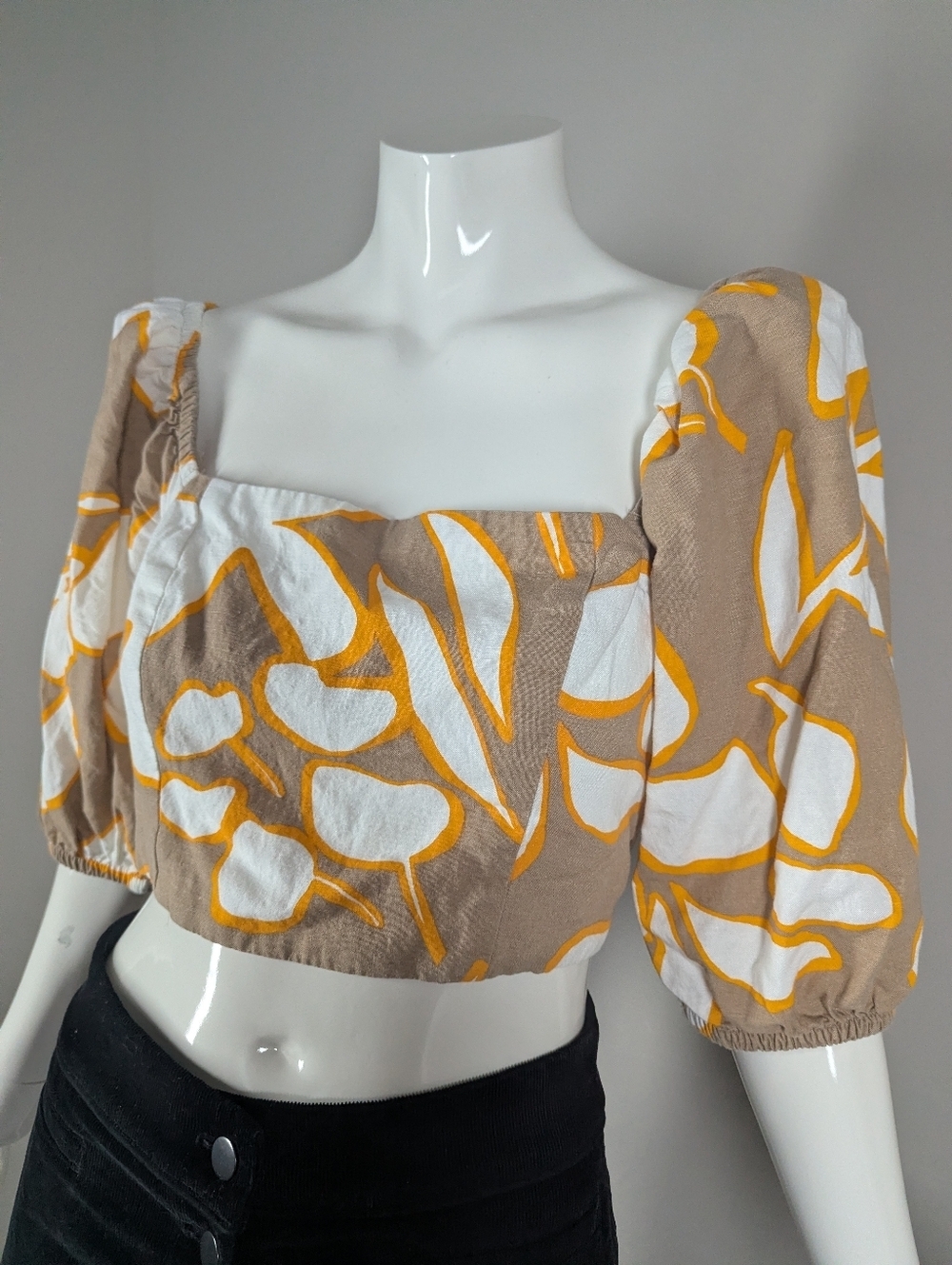 Dynamite Crop Top Small Linen Blend Puff Sleeve Tie Back Summer Top - Picture 2 of 7